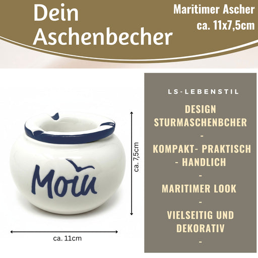 KI-generiertes Bild,Sturmaschenbecher Moin 10x7,5cm Maritim Weiß Blau Windaschenbecher Aschenbecher