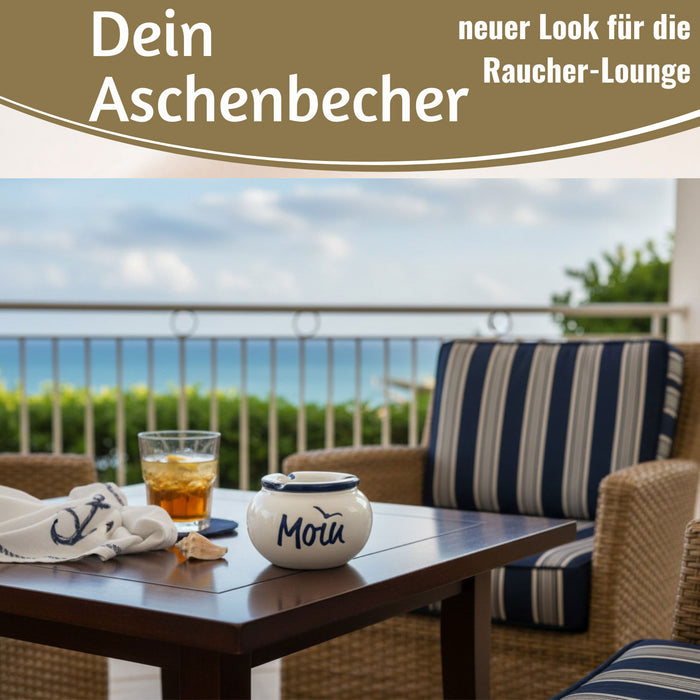 KI-generiertes Bild,Sturmaschenbecher Moin 10x7,5cm Maritim Weiß Blau Windaschenbecher Aschenbecher