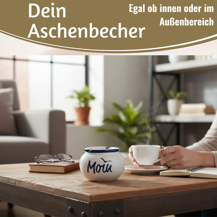 KI-generiertes Bild,Sturmaschenbecher Moin 10x7,5cm Maritim Weiß Blau Windaschenbecher Aschenbecher