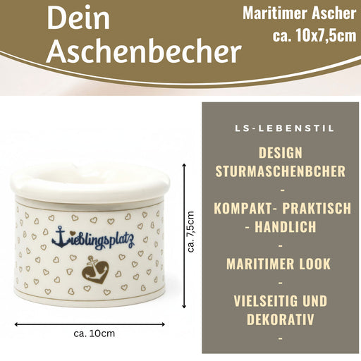 KI-generiertes Bild,Sturmaschenbecher Lieblingsplatz 10x7,5cm Maritim Weiß Blau Windaschenbecher Aschenbecher