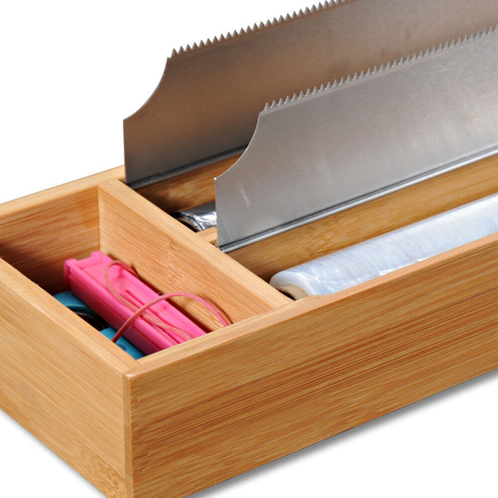 KI-generiertes Bild,3-fach Holz Folienspender Bambus Schubladen Alufolienspender Folienschneider