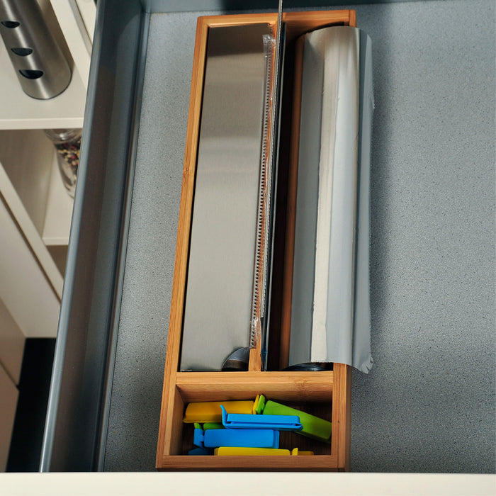 KI-generiertes Bild,3-fach Holz Folienspender Bambus Schubladen Alufolienspender Folienschneider