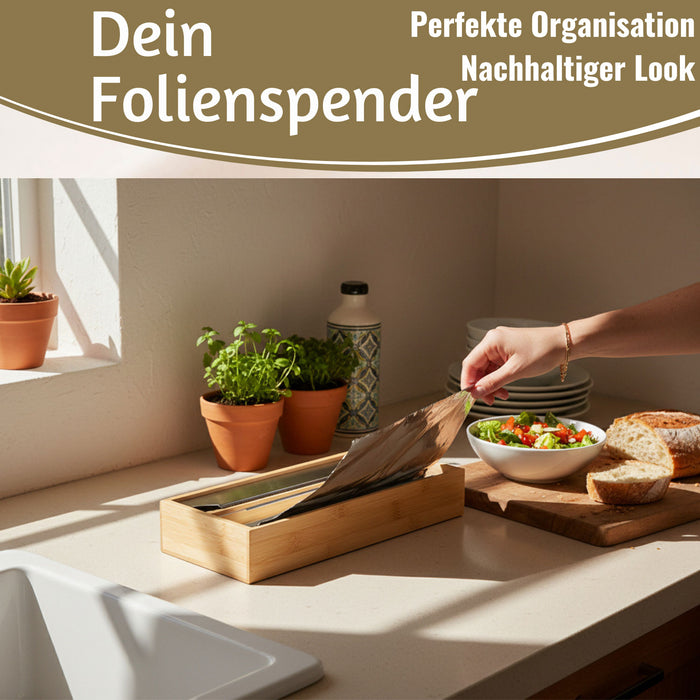 KI-generiertes Bild,2-fach Holz Folienspender Bambus Schubladen Alufolienspender Folienschneider