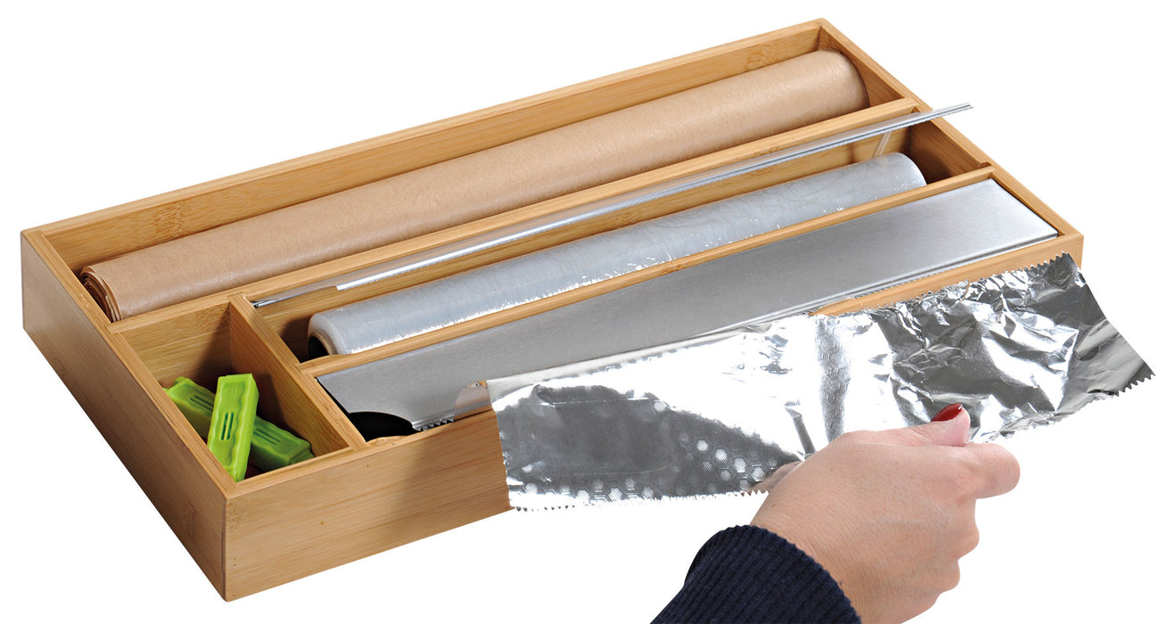 KI-generiertes Bild,4-fach Holz Folienspender Bambus Schubladen Alufolienspender Folienschneider