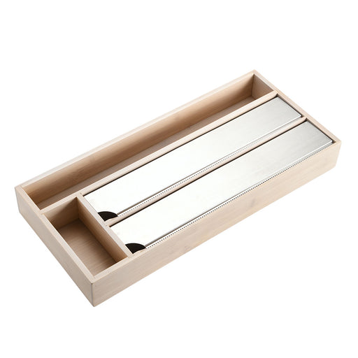 KI-generiertes Bild,4-fach Holz Folienspender Bambus Schubladen Alufolienspender Folienschneider