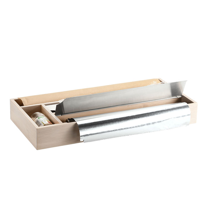 KI-generiertes Bild,4-fach Holz Folienspender Bambus Schubladen Alufolienspender Folienschneider