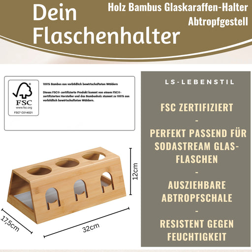 KI-generiertes Bild,Holz Flaschenständer Bambus passend für 3 Sodastream Flaschen Abtropfschale