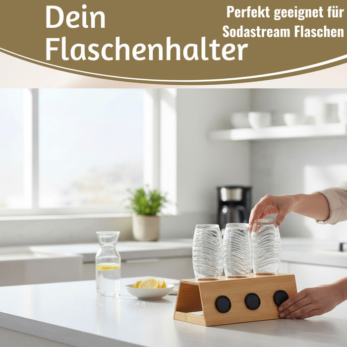 KI-generiertes Bild,Holz Flaschenständer Bambus passend für 3 Sodastream Flaschen Abtropfschale