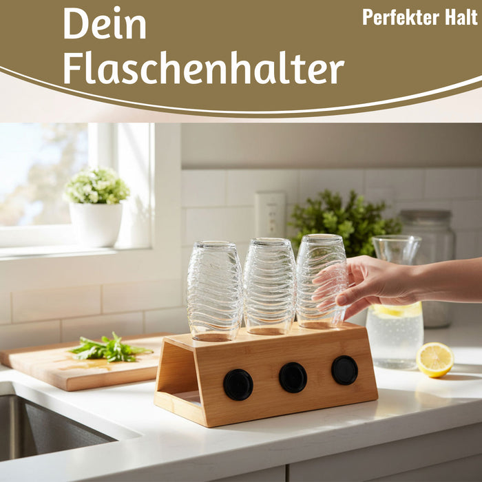 KI-generiertes Bild,Holz Flaschenständer Bambus passend für 3 Sodastream Flaschen Abtropfschale