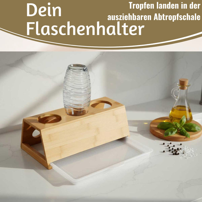 KI-generiertes Bild,Holz Flaschenständer Bambus passend für 3 Sodastream Flaschen Abtropfschale