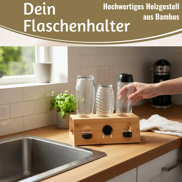 KI-generiertes Bild,Holz Flaschenständer Bambus passend für 3 Sodastream Flaschen Abtropfschale