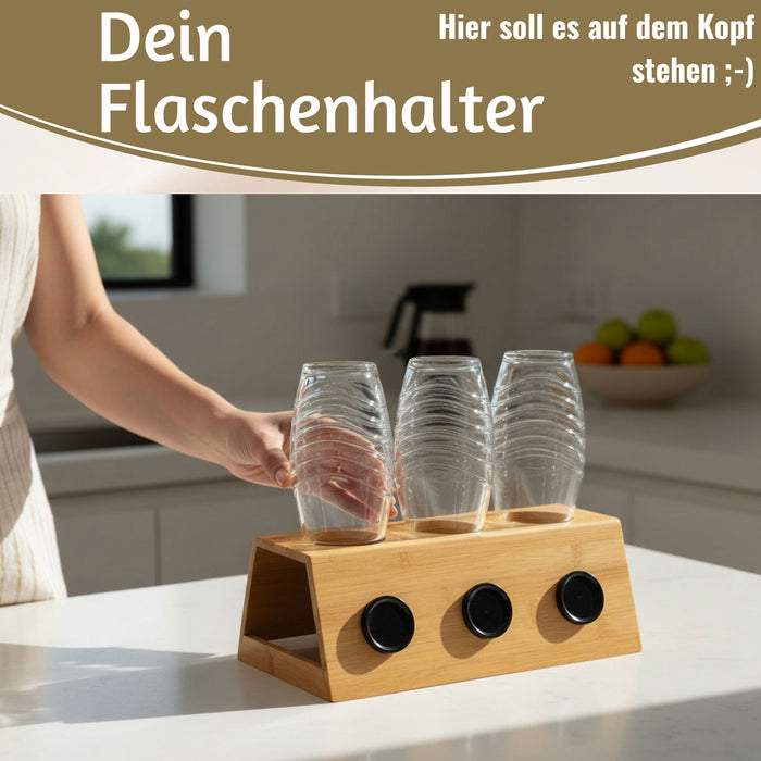 KI-generiertes Bild,Holz Flaschenständer Bambus passend für 3 Sodastream Flaschen Abtropfschale