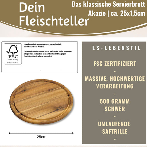 KI-generiertes Bild,Holz Fleischteller Servierteller 25cm Akazie Rund Schneidebrett Vesperbrett