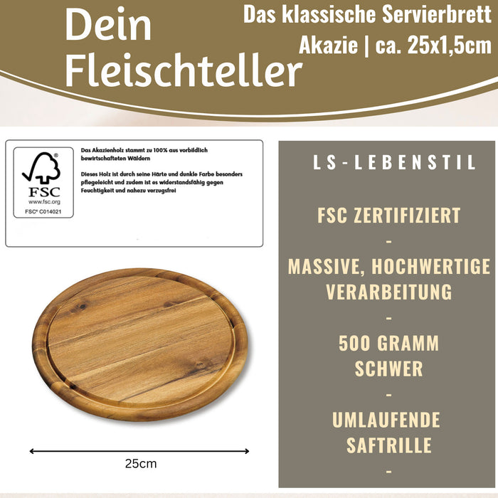 KI-generiertes Bild,Holz Fleischteller Servierteller 25cm Akazie Rund Schneidebrett Vesperbrett