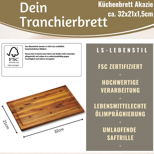 KI-generiertes Bild,Profi Holz Schneidebrett Akazie 32x21x1,5cm Saftrille Küchenbrett Tranchierbrett