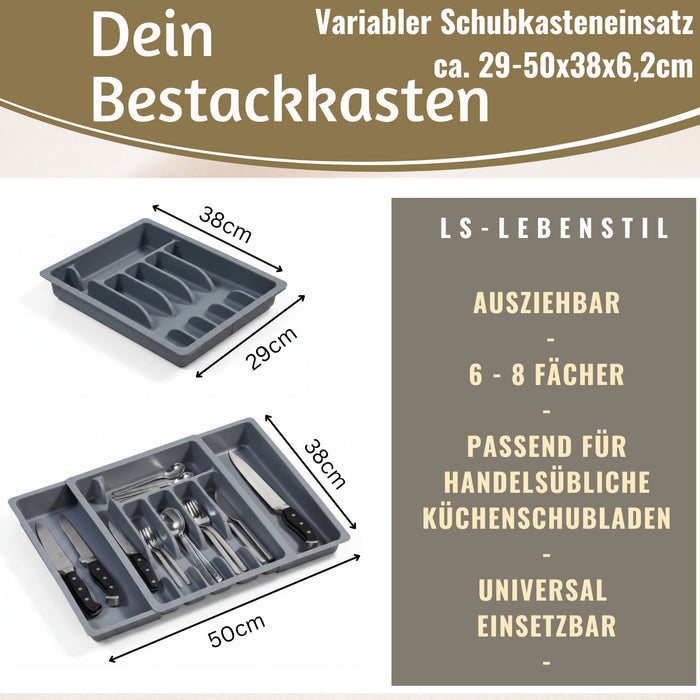 KI-generiertes Bild,Schubladeneinsatz Besteckkasten 29-50cm Grau ausziehbar Besteckbox Organizer