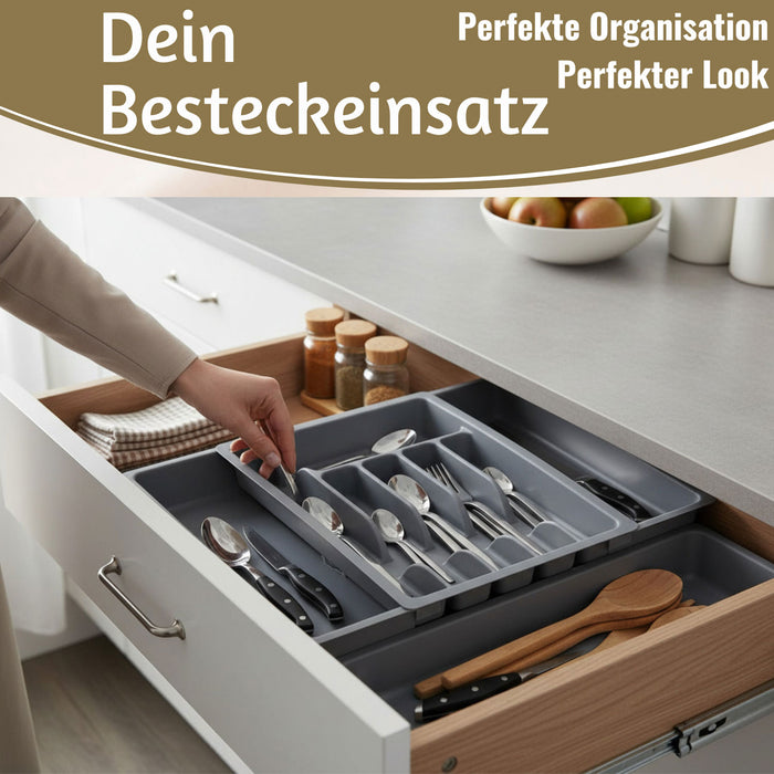 KI-generiertes Bild,Schubladeneinsatz Besteckkasten 29-50cm Grau ausziehbar Besteckbox Organizer