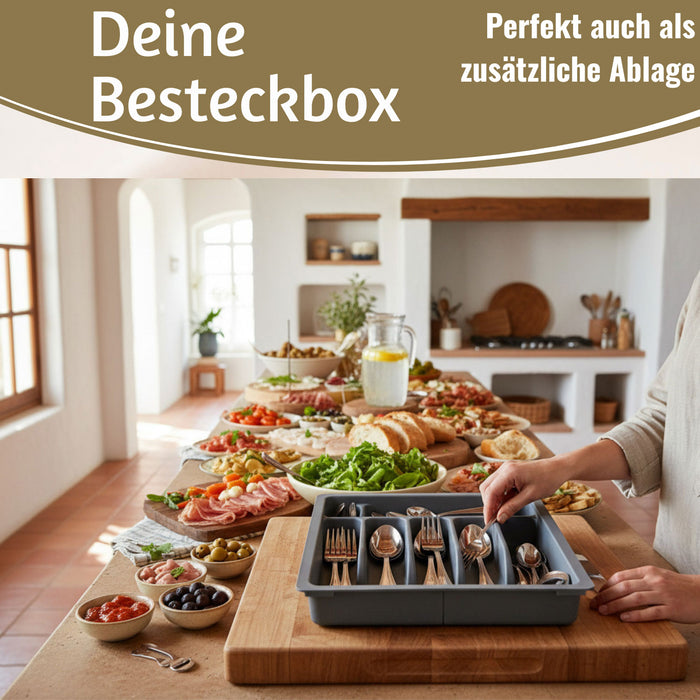 KI-generiertes Bild,Schubladeneinsatz Besteckkasten 29-50cm Grau ausziehbar Besteckbox Organizer