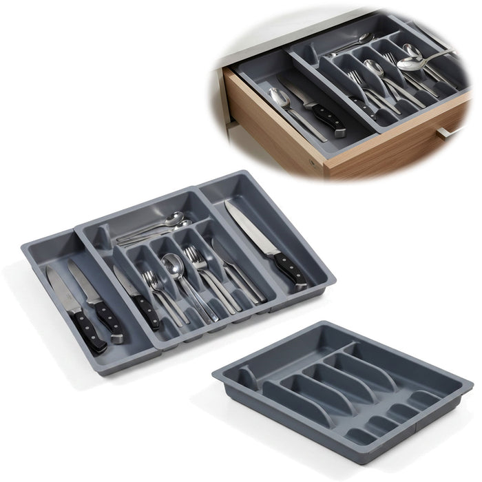 KI-generiertes Bild Schubladeneinsatz Besteckkasten 29-50cm Grau ausziehbar Besteckbox Organizer