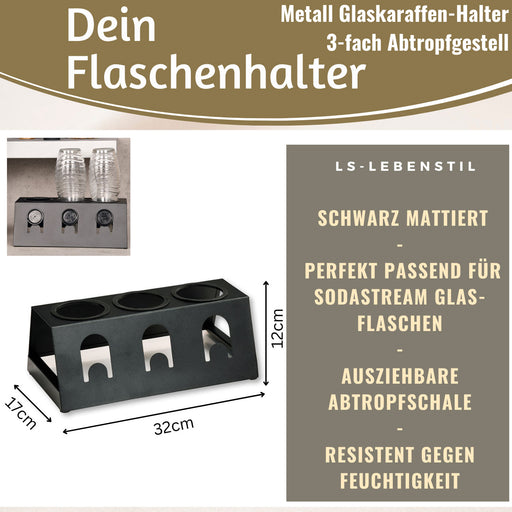 KI-generiertes Bild,Metall Flaschenständer Schwarz passend für 3 Sodastream Flaschen Abtropfschale