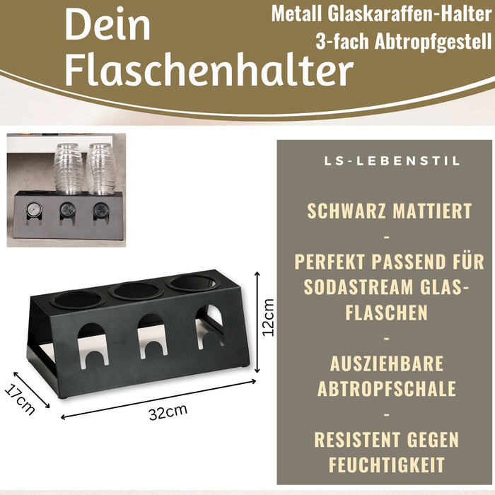KI-generiertes Bild,Metall Flaschenständer Schwarz passend für 3 Sodastream Flaschen Abtropfschale