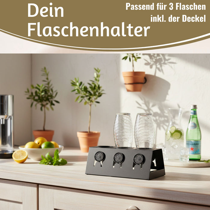 KI-generiertes Bild,Metall Flaschenständer Schwarz passend für 3 Sodastream Flaschen Abtropfschale