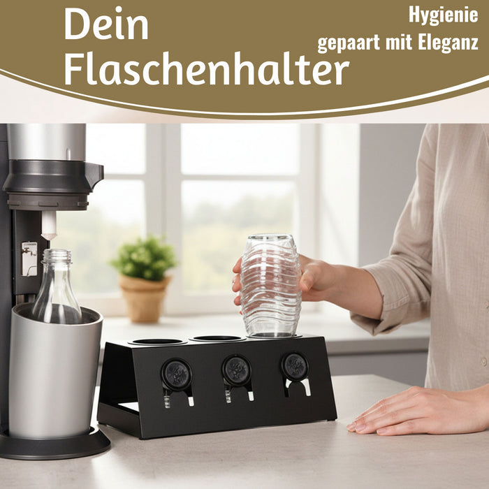 KI-generiertes Bild,Metall Flaschenständer Schwarz passend für 3 Sodastream Flaschen Abtropfschale