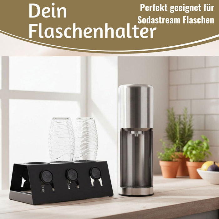 KI-generiertes Bild,Metall Flaschenständer Schwarz passend für 3 Sodastream Flaschen Abtropfschale