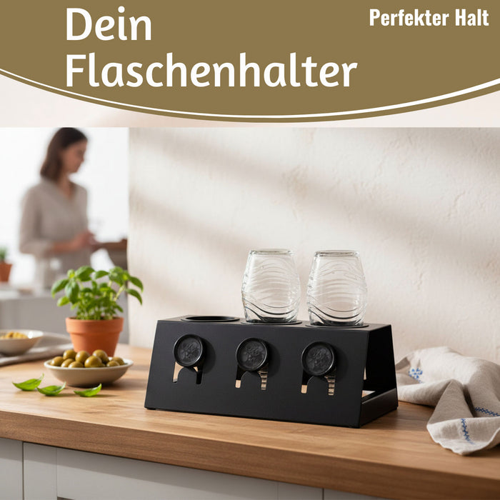 KI-generiertes Bild,Metall Flaschenständer Schwarz passend für 3 Sodastream Flaschen Abtropfschale