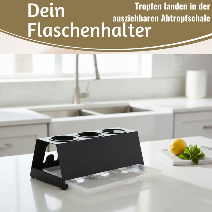 KI-generiertes Bild,Metall Flaschenständer Schwarz passend für 3 Sodastream Flaschen Abtropfschale