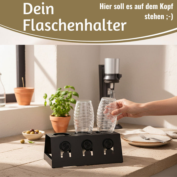 KI-generiertes Bild,Metall Flaschenständer Schwarz passend für 3 Sodastream Flaschen Abtropfschale
