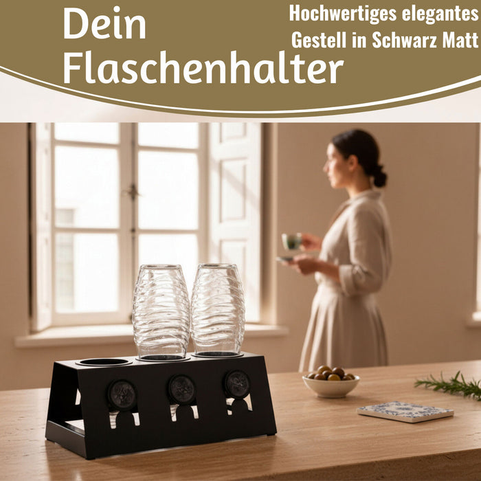 KI-generiertes Bild,Metall Flaschenständer Schwarz passend für 3 Sodastream Flaschen Abtropfschale