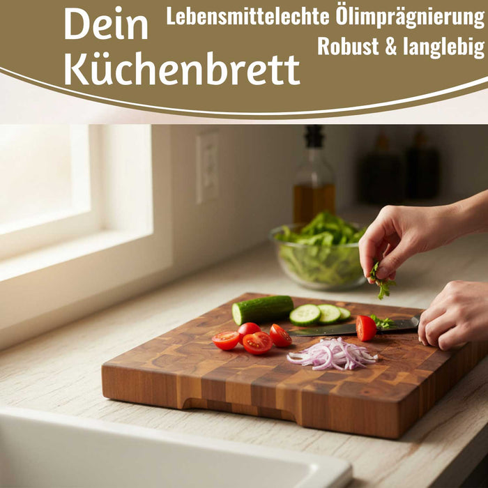 KI-generiertes Bild,Profi Holz Schneidebrett Stirnholz 42cm XL Akazie Küchenbrett Tranchierbrett