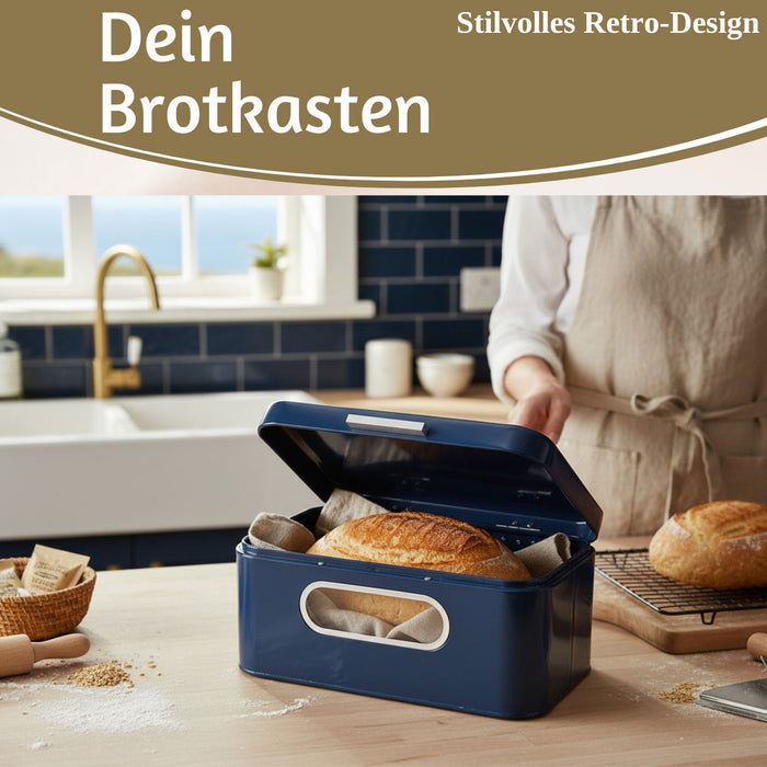 KI-generiertes Bild,Vintage Brotkasten Blau 30cm Metall mit Deckel Retro Brotbox Aufbewahrungskorb