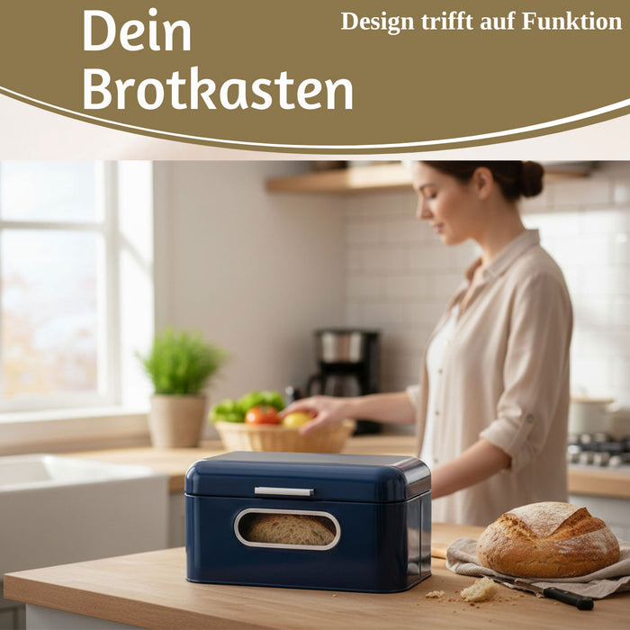 KI-generiertes Bild,Vintage Brotkasten Blau 30cm Metall mit Deckel Retro Brotbox Aufbewahrungskorb