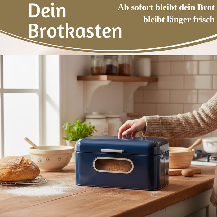 KI-generiertes Bild,Vintage Brotkasten Blau 30cm Metall mit Deckel Retro Brotbox Aufbewahrungskorb