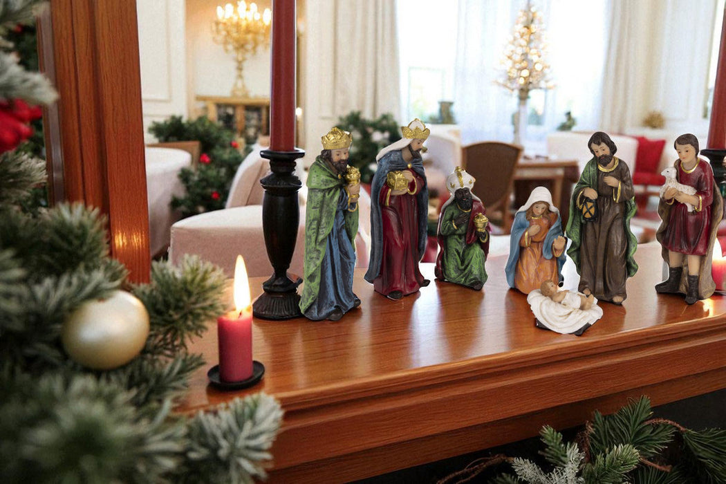 KI-generiertes Bild,Krippenfiguren Set 7 Figuren 12cm Traditionell Handbemalt Krippe Krippenset Xmas