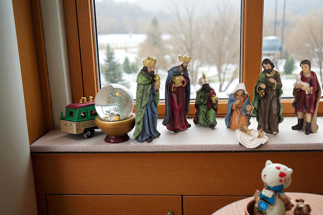 KI-generiertes Bild,Krippenfiguren Set 7 Figuren 12cm Traditionell Handbemalt Krippe Krippenset Xmas