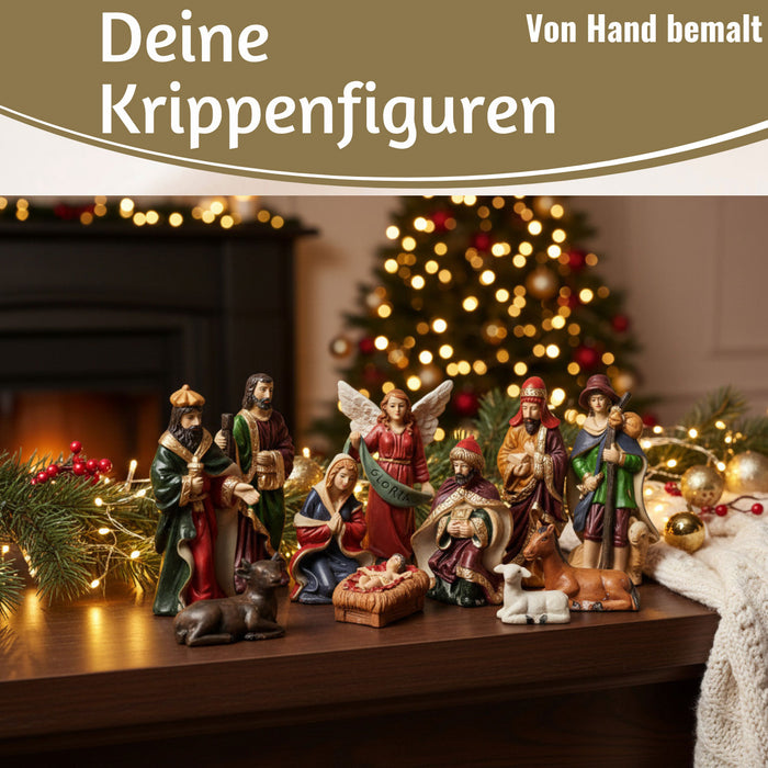KI-generiertes Bild,Krippenfiguren Set 11 Figuren 10cm Traditionell Handbemalt Krippe Krippenset Xmas