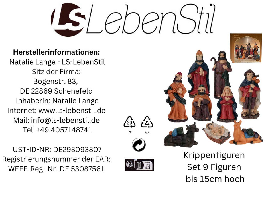 KI-generiertes Bild,XL Krippenfiguren Set 9 Figuren 15cm Traditionell Handbemalt Krippe Krippenset