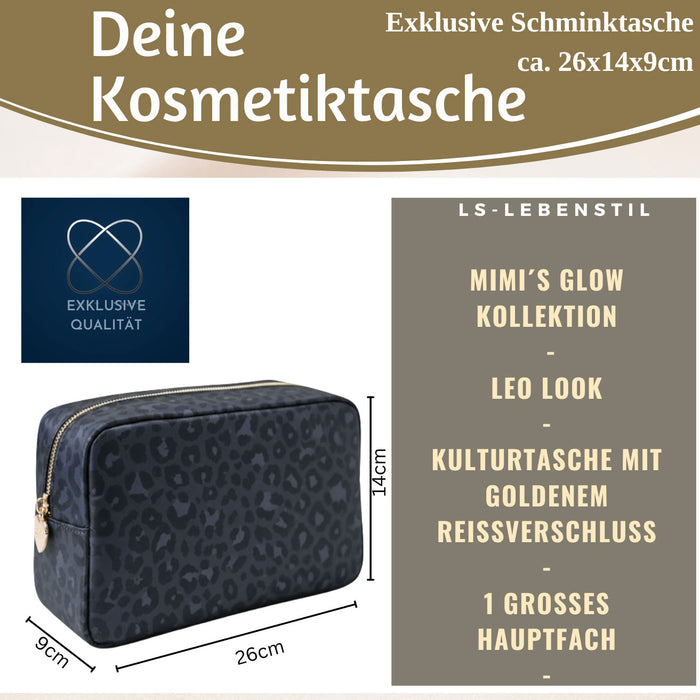 KI-generiertes Bild,Mimi's Glow Kulturtasche Romy 26x14cm Leo Grau Schwarz Schminktasche Kosmetiktasche