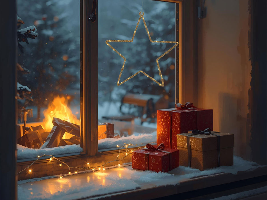 KI-generiertes Bild,2x 35 LED Leuchtstern Weihnachtsstern Ø 38cm Gold Timer Batterie Beleuchtet