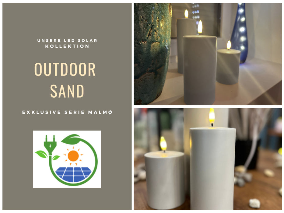 KI-generiertes Bild,Solar Outdoor LED 3D Stumpenkerze 10x7,5cm Sand Timer Kunststoff flackernde Kerze
