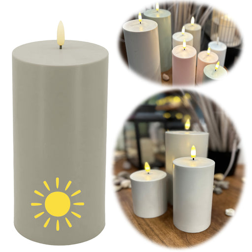 KI-generiertes Bild Solar Outdoor LED 3D Stumpenkerze 15x7,5cm Sand Timer Kunststoff flackernde Kerze