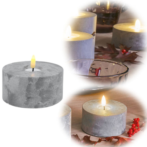 KI-generiertes Bild LED 3D XXL Teelicht Grau 5x10cm Beton-Optik Timer flackernde flammenlose Kerze