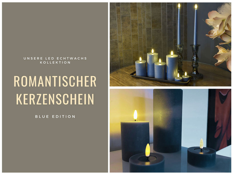KI-generiertes Bild,LED 3D Stumpenkerze Ribe Blau 10x7,5cm Echtwachs flackernde flammenlose Kerze
