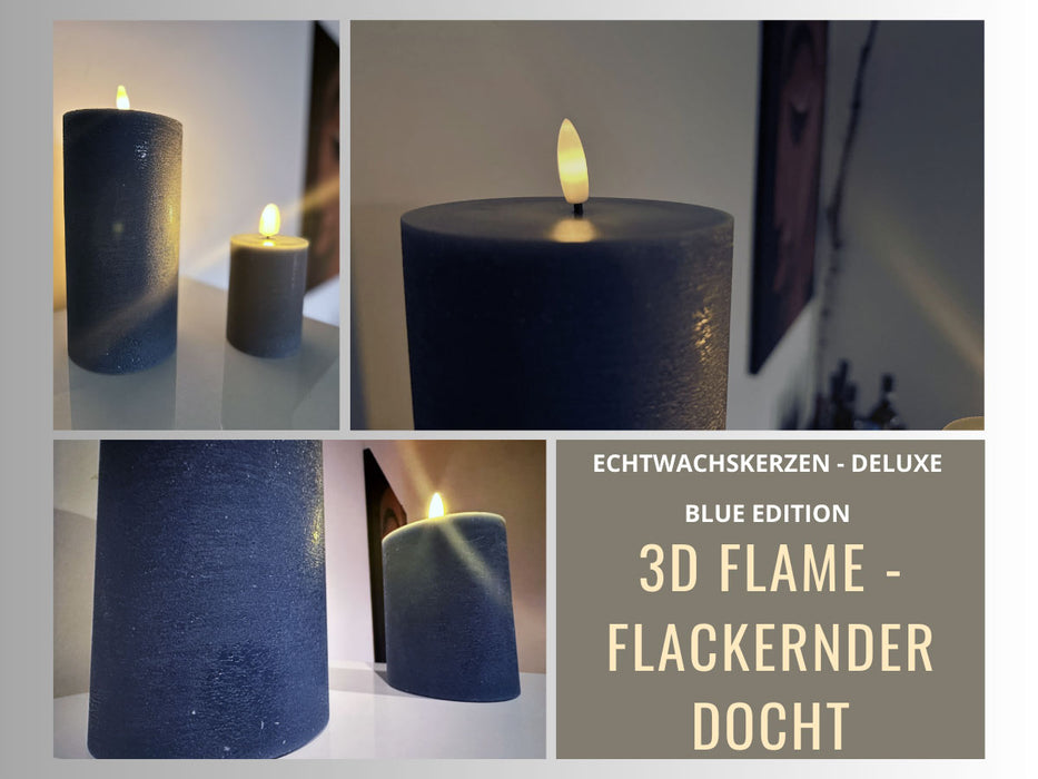KI-generiertes Bild,LED 3D Stumpenkerze Ribe Blau 10x7,5cm Echtwachs flackernde flammenlose Kerze