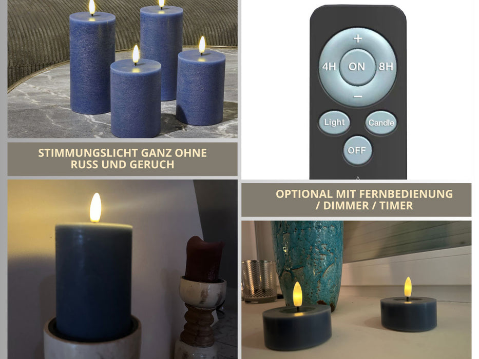 KI-generiertes Bild,LED 3D Stumpenkerze Ribe Blau 10x7,5cm Echtwachs flackernde flammenlose Kerze