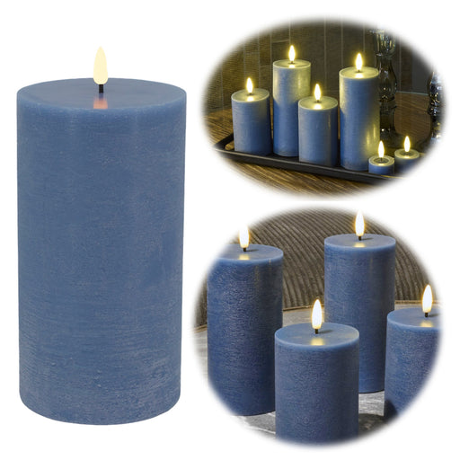 KI-generiertes Bild LED 3D Stumpenkerze Ribe Blau 20x10cm Echtwachs flackernde flammenlose Kerze