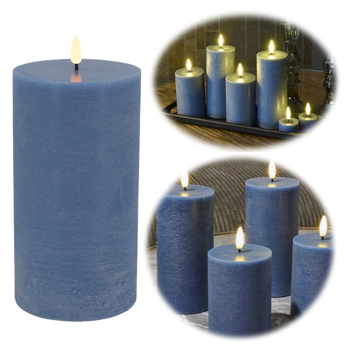 KI-generiertes Bild LED 3D Stumpenkerze Ribe Blau 20x10cm Echtwachs flackernde flammenlose Kerze